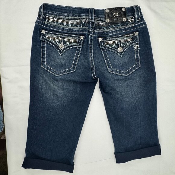 Miss Me Signature Rise Boot Jean 'Cut-Off' Denim Shorts Bling Pockets Size 29 - Picture 11 of 11